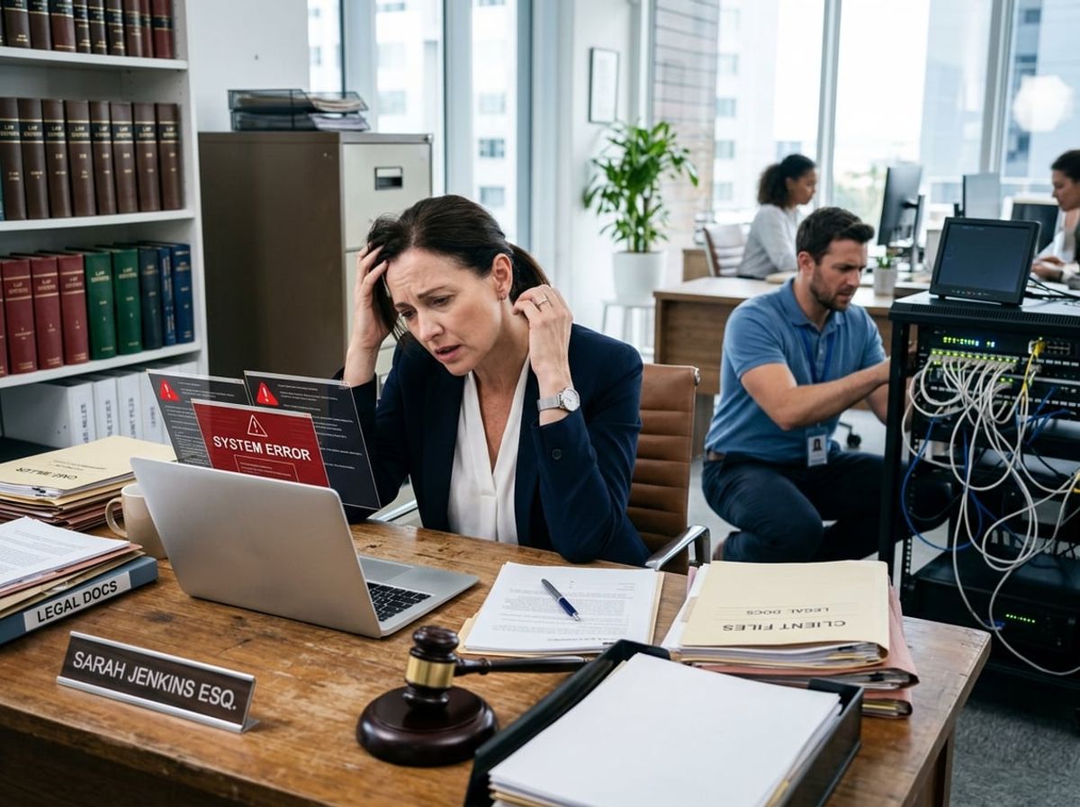 Frustrated attorney at a desk while a technician troubleshoots a malfunctioning computer