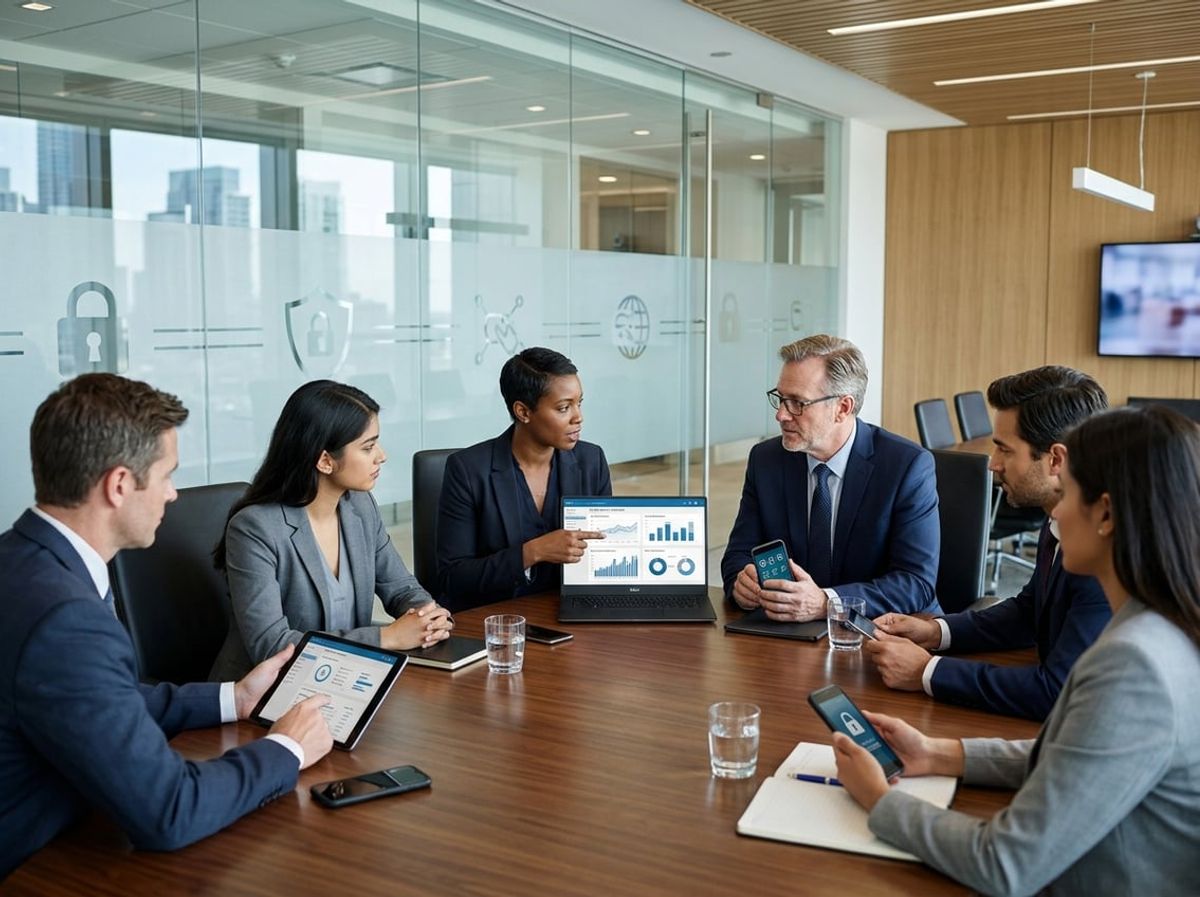 IT staff comparing mobile management options on a tablet in a law office setting