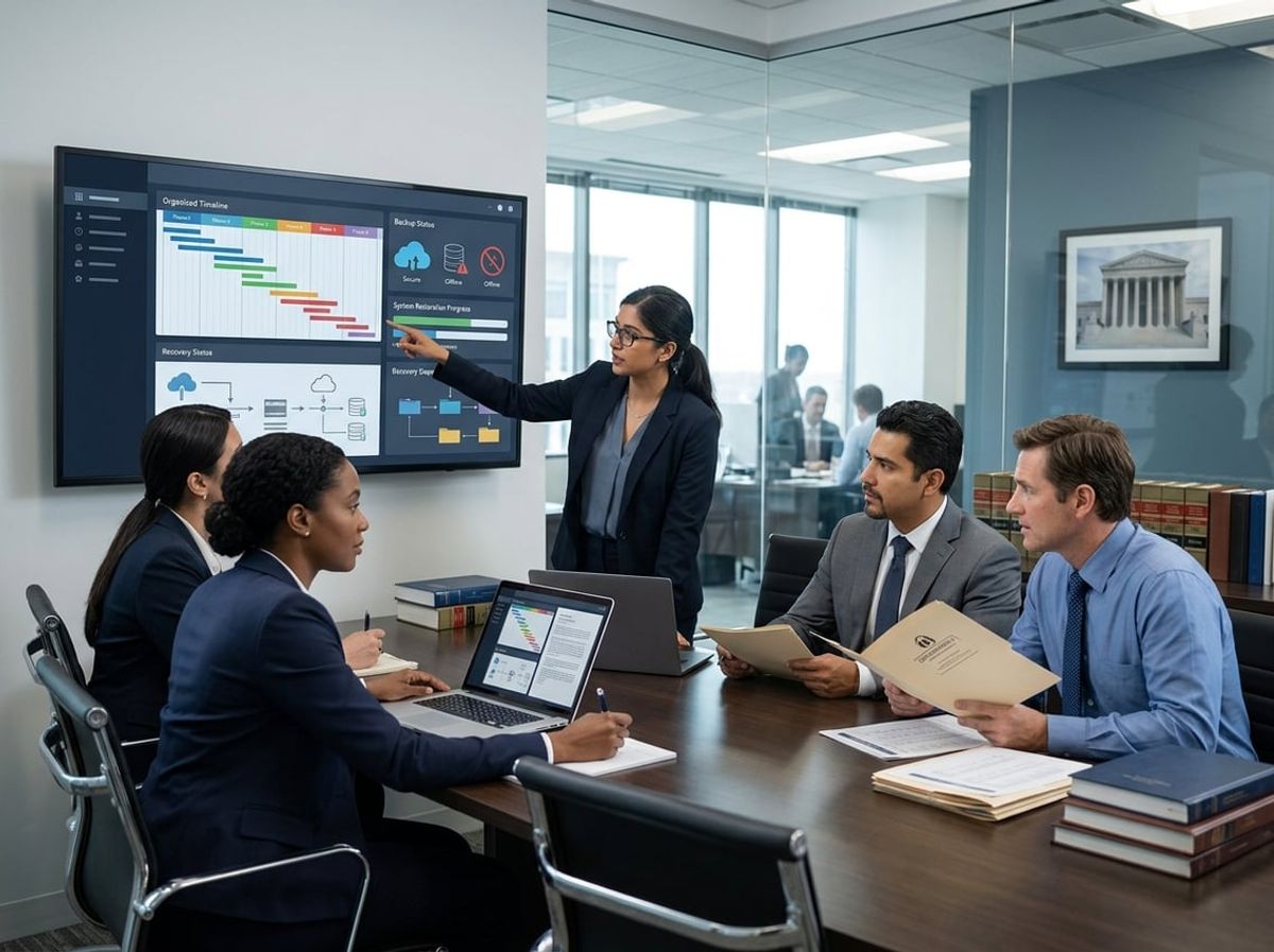 Legal and IT staff calculate recovery time and recovery point targets at a meeting