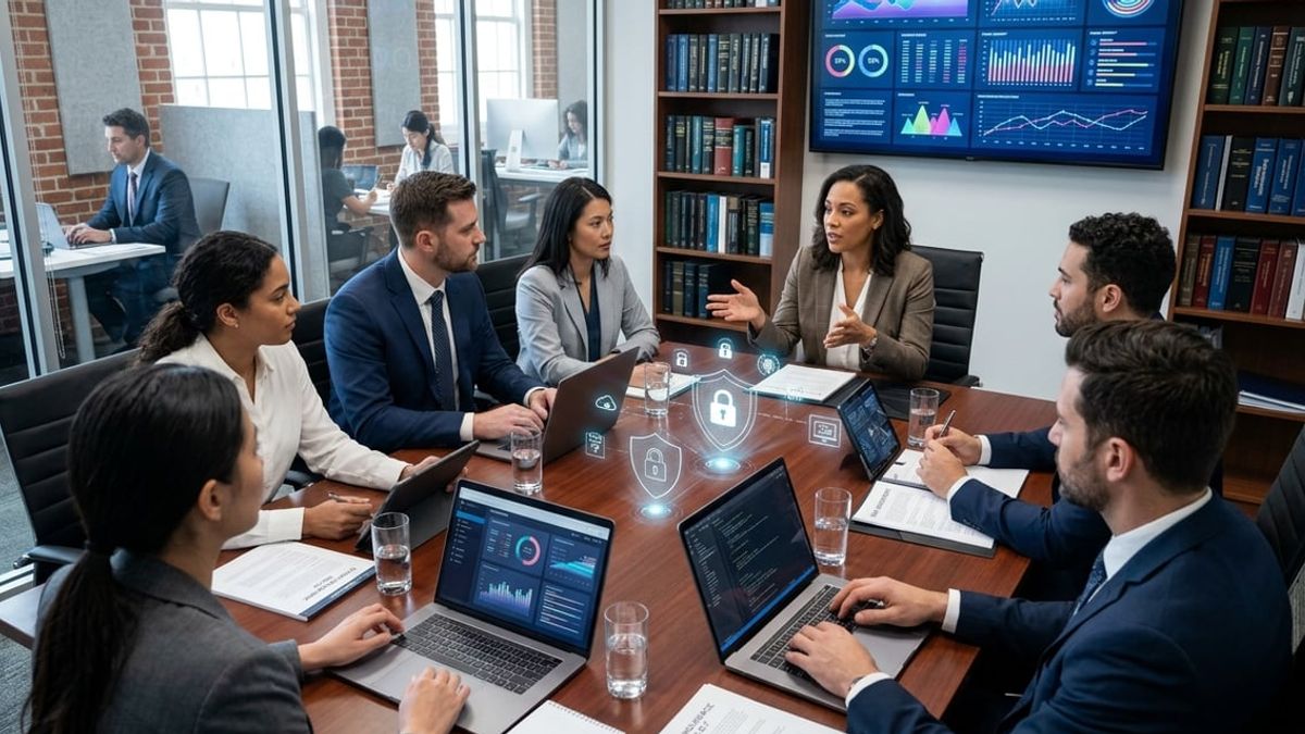 Law firm partners reviewing cyber insurance for law firms controls in a NYC office