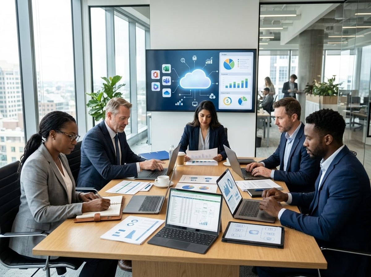 A group of professionals collaborating around a conference table with laptops and financial documents in a modern law firm office.