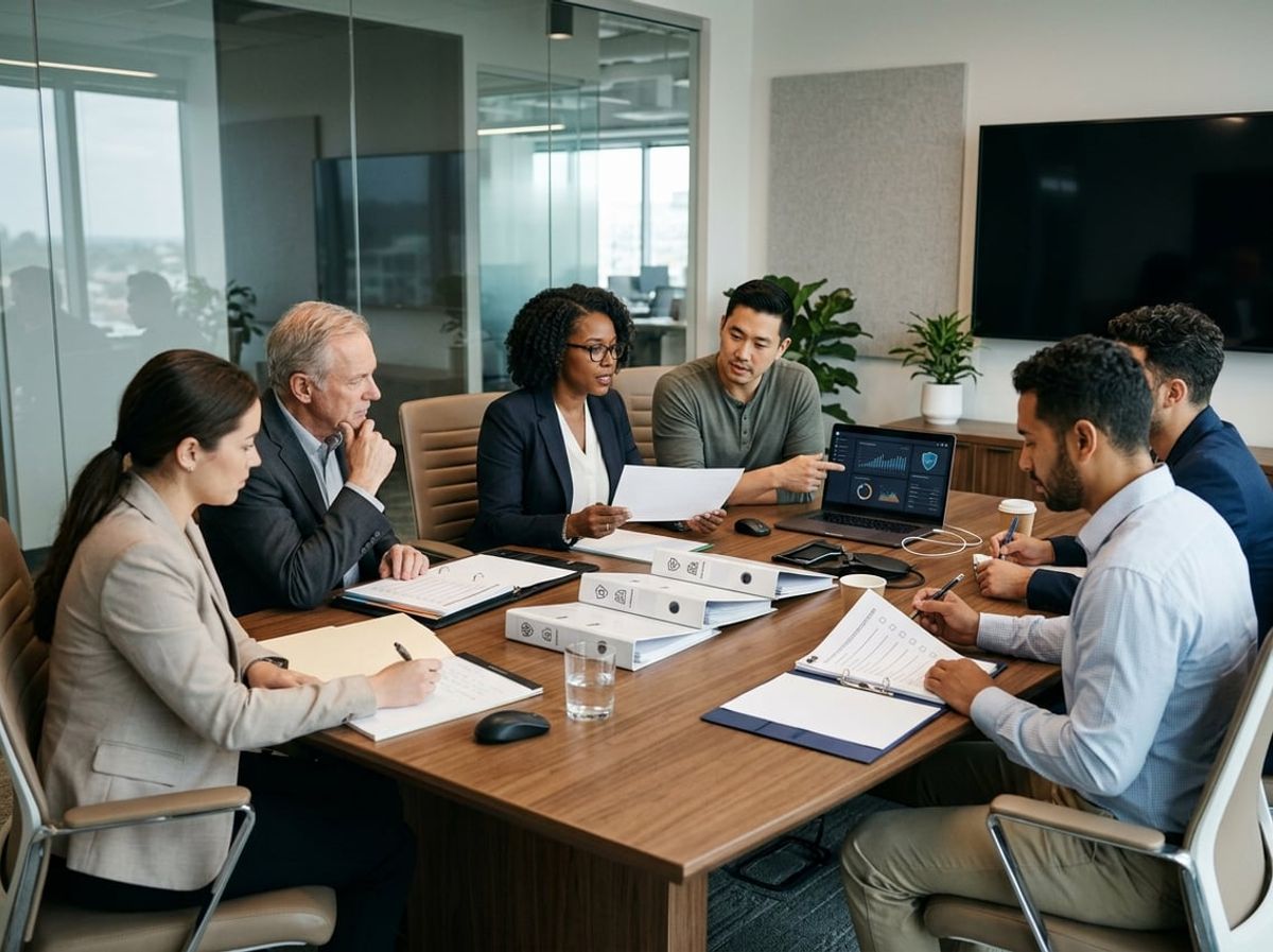 Legal team gathers around a conference table organizing documents ahead of a client audit