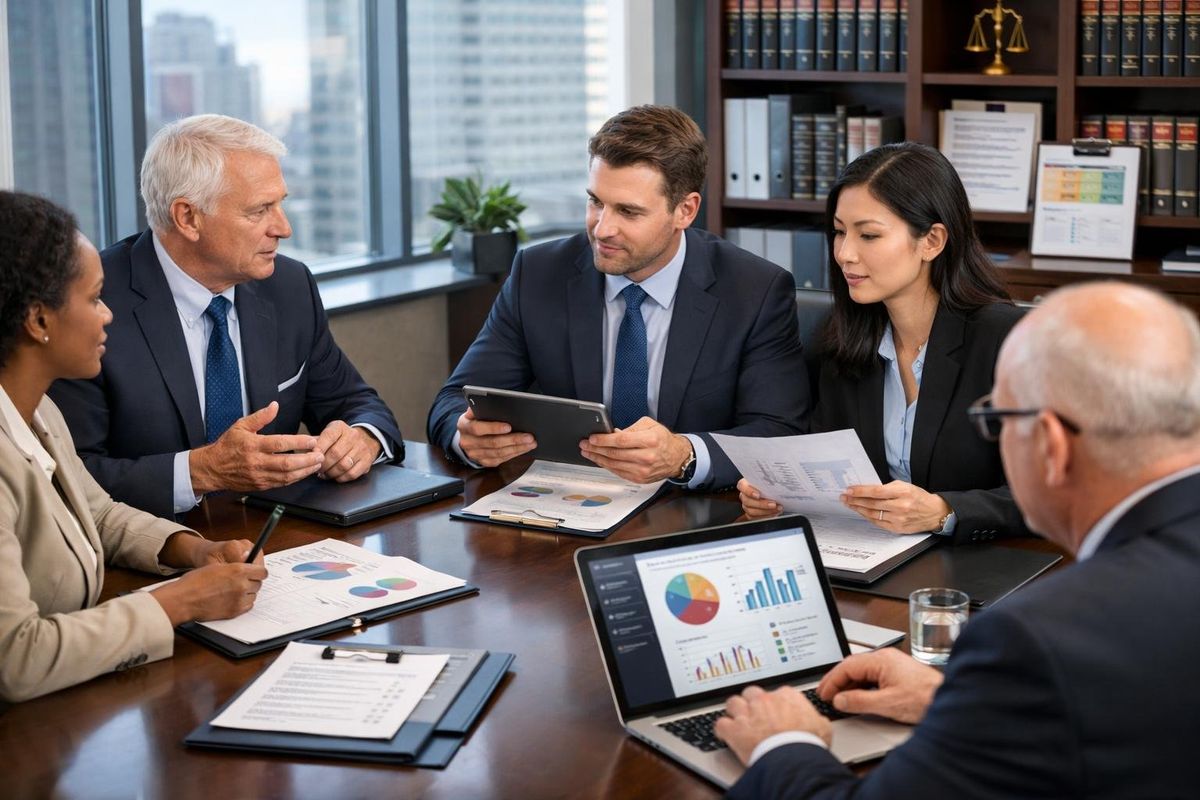 A group of business professionals in formal attire having a meeting around a conference table in a modern office with laptops and documents.