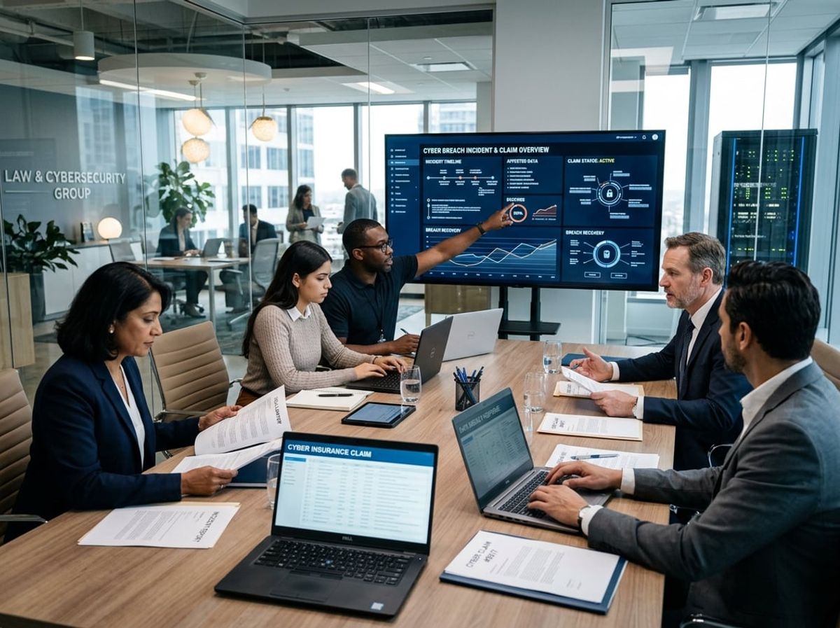 Legal team coordinating a breach response with an insurer over laptops and paperwork