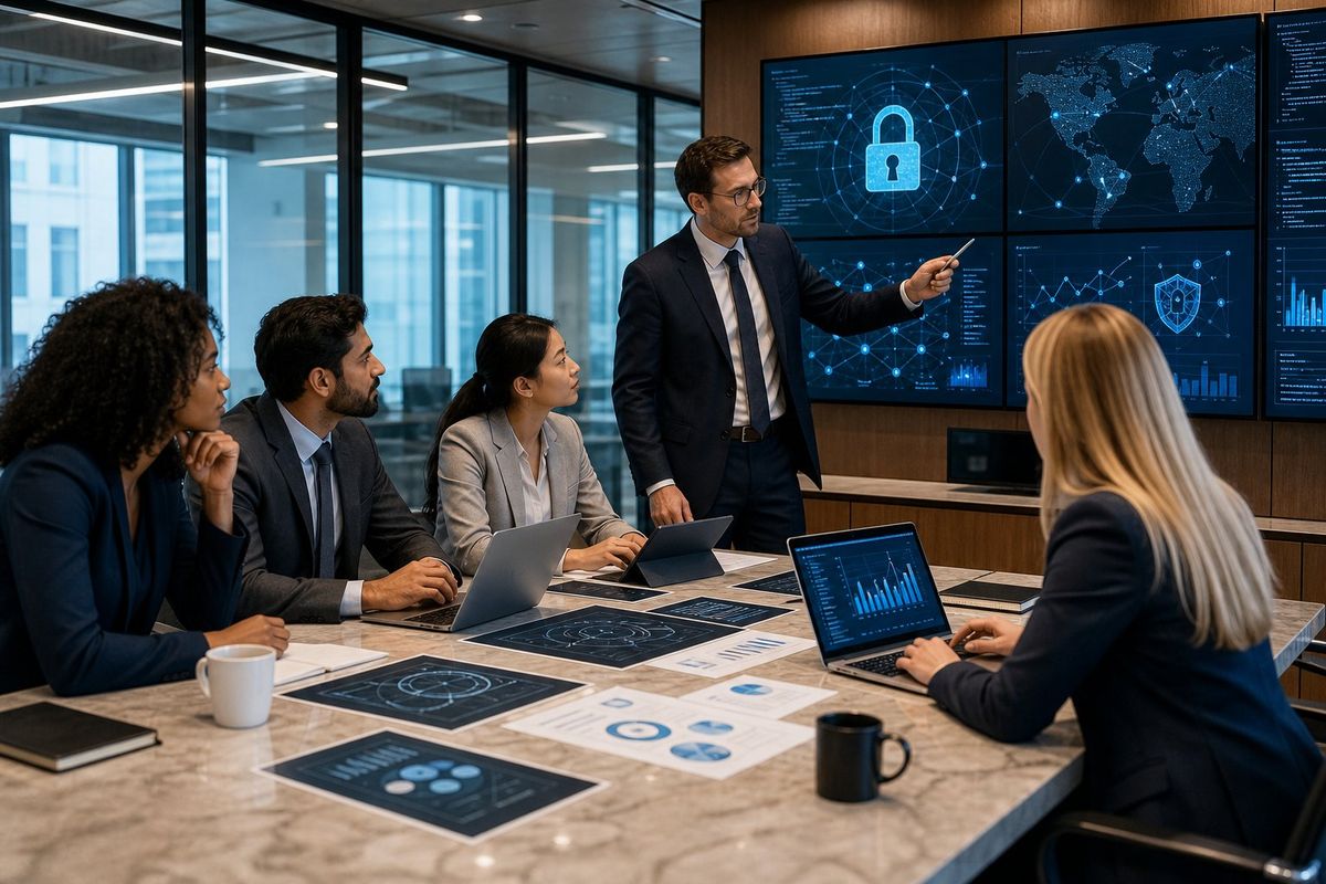 A group of professionals collaborating around a conference table with laptops and digital devices in a modern office, discussing cybersecurity planning for a law firm.