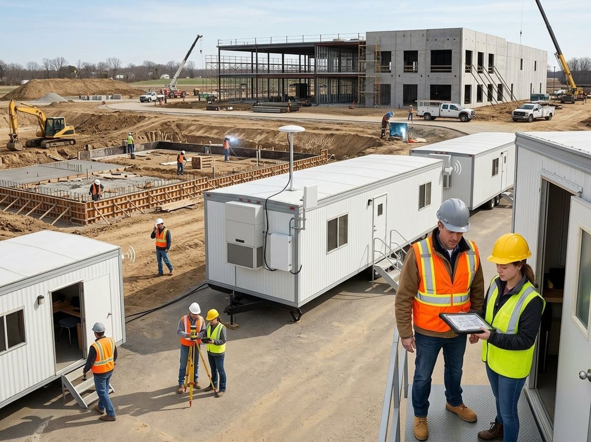 Crew members coordinate across separate trailers spread throughout a large multi-phase build