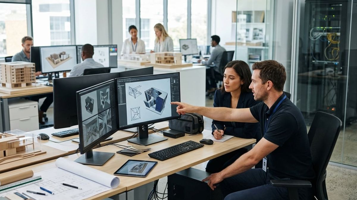 Architect syncing a Revit central model on a dual monitor setup, IT support for architects office
