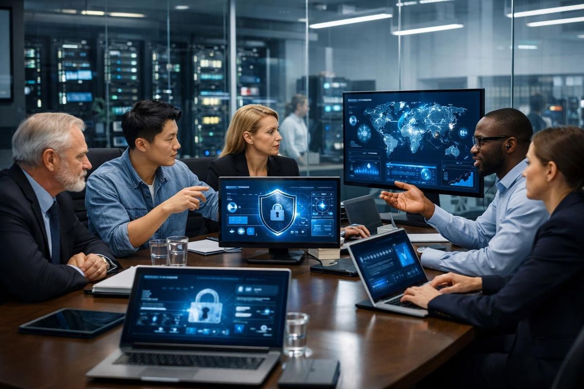 A group of professionals working together around a table with computers displaying cybersecurity data in a modern law firm office.
