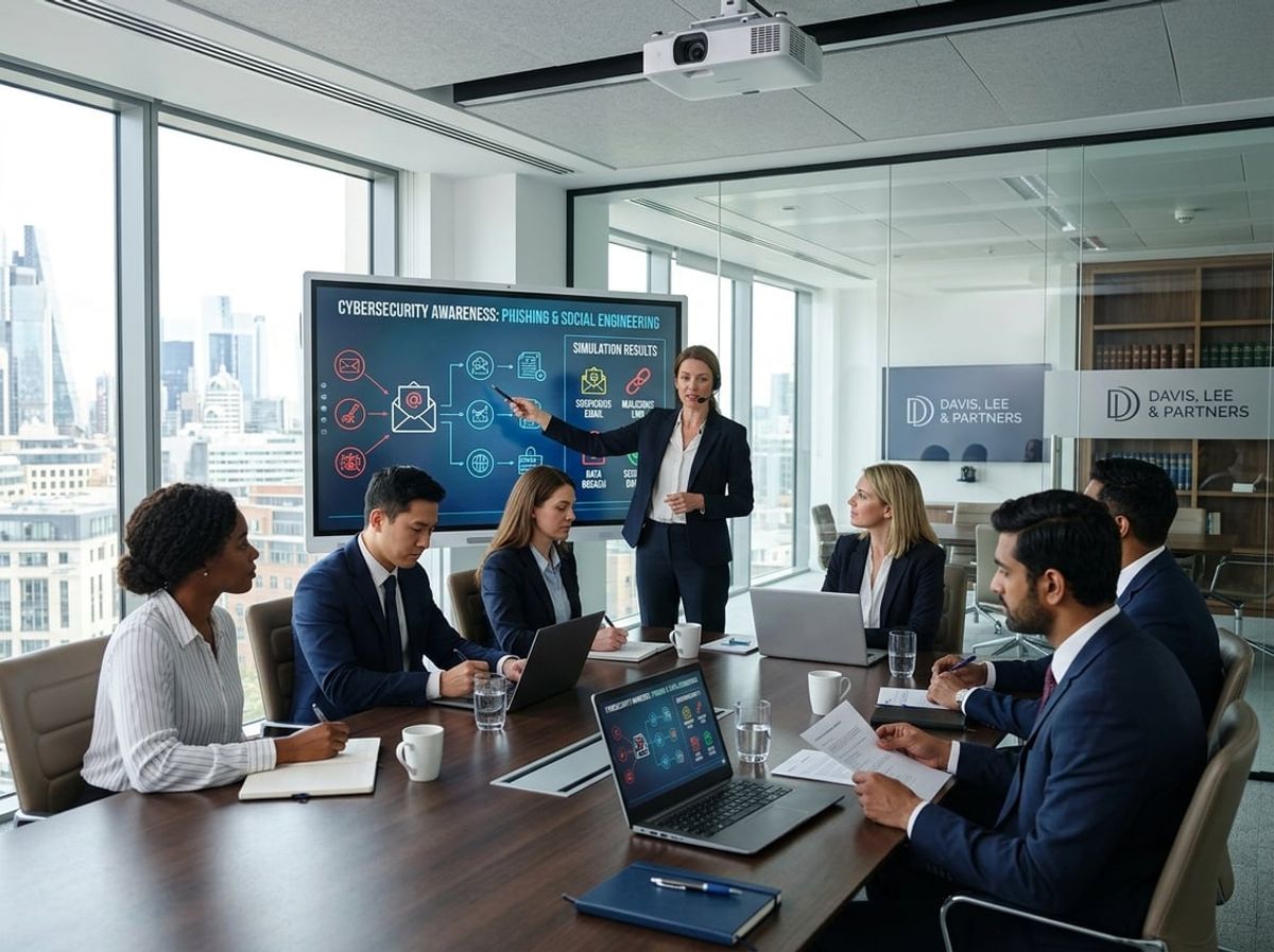 Law firm staff reviewing a simulated phishing email example projected on a screen
