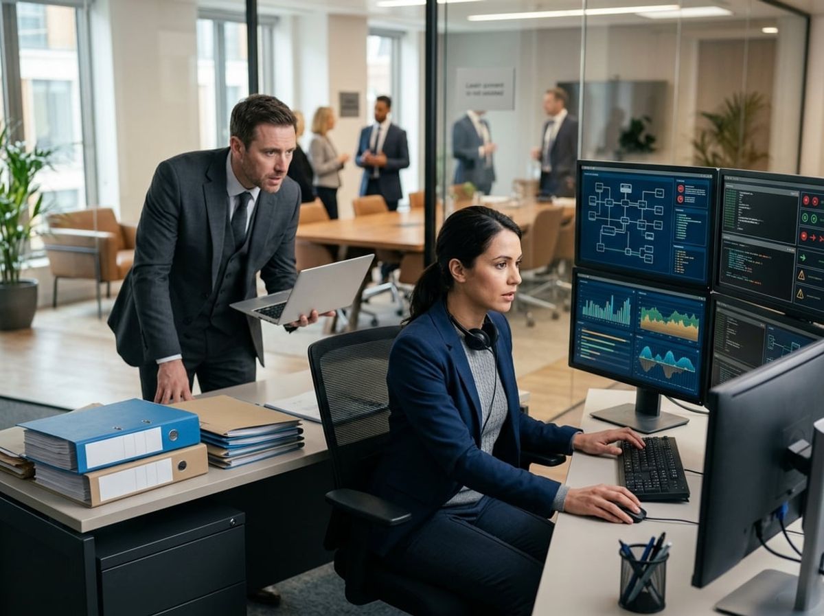 An IT specialist urgently helps law firm staff restore computer systems in a modern office.