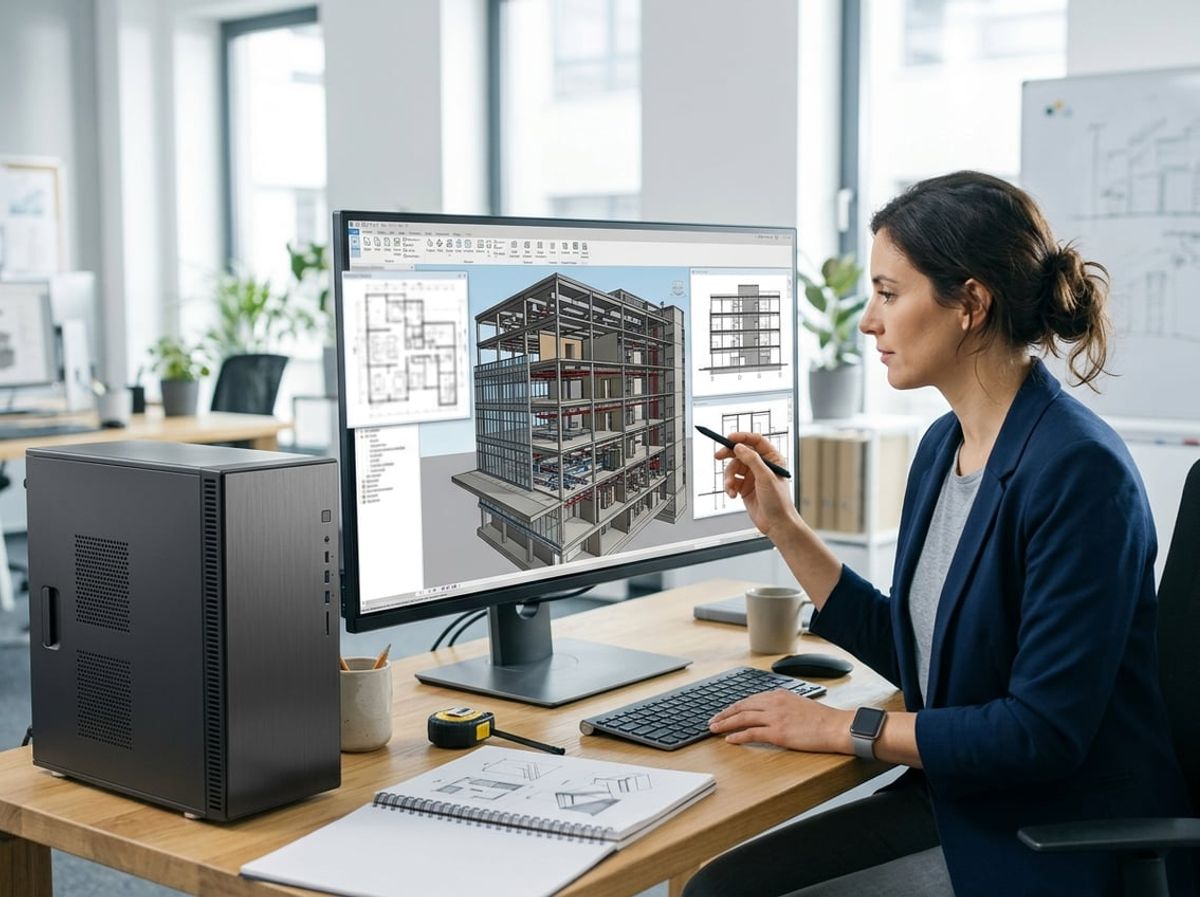 Architect working at a dual monitor desk with a detailed 3D building model open in Revit