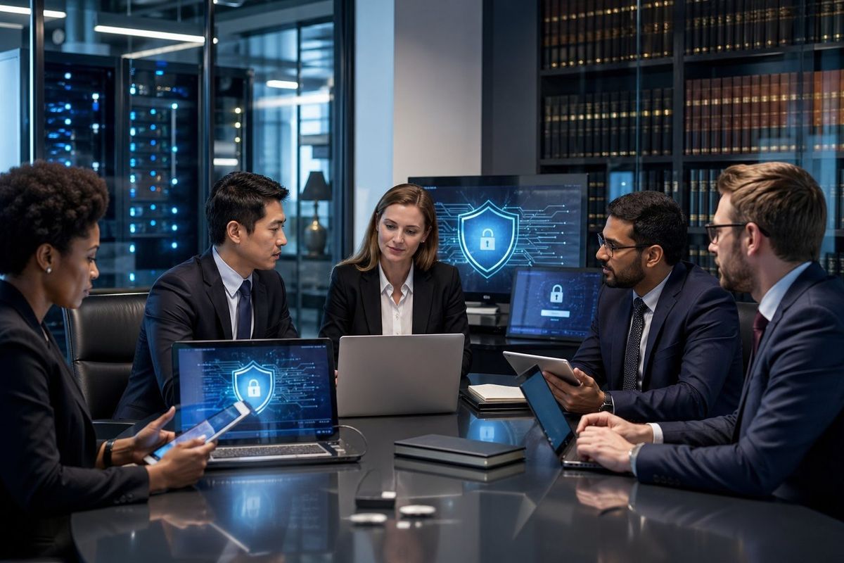 A group of professionals in a law firm office working together with laptops and digital security icons on screens, symbolizing cybersecurity compliance.