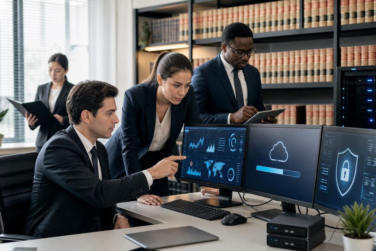 Two professionals in a law firm office monitoring data backup on computer screens surrounded by legal books and technology equipment.