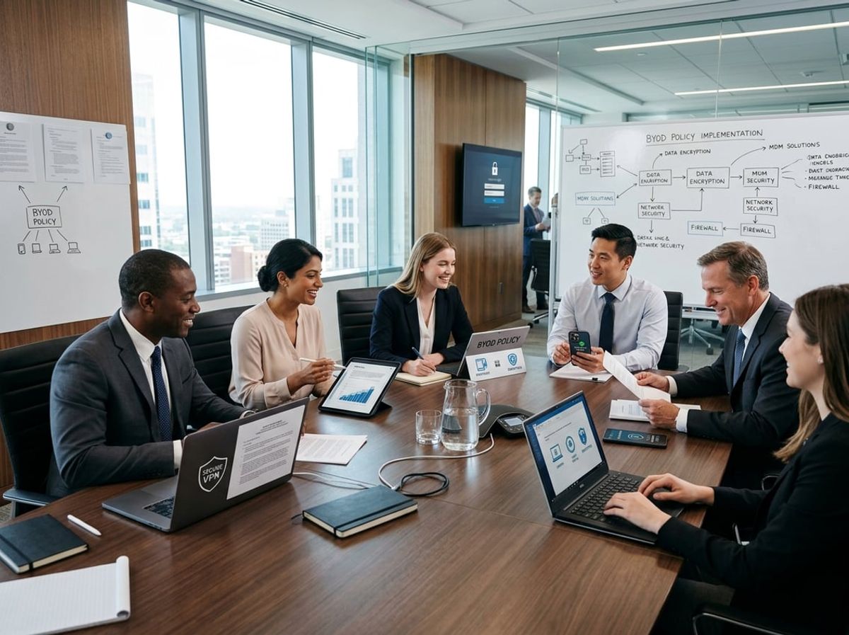 Legal staff gathered around a laptop discussing common device policy questions