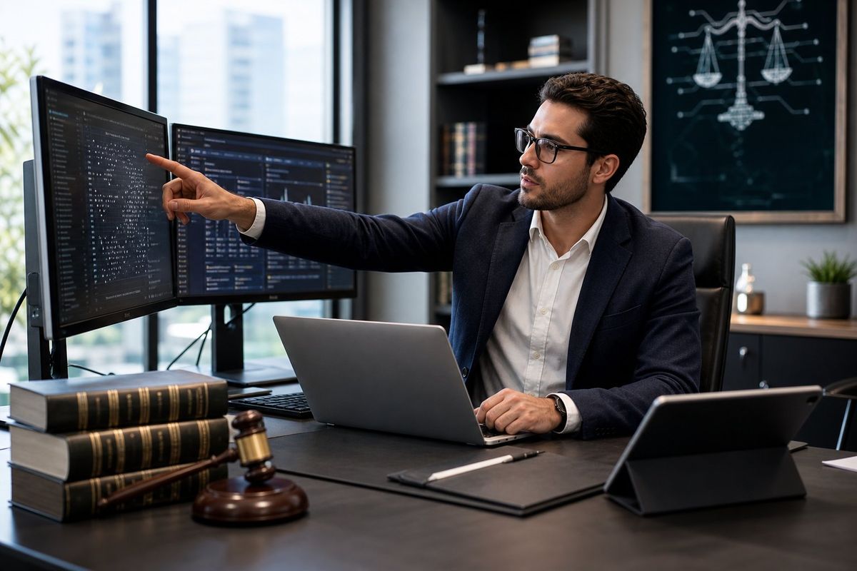 A law firm IT consultant working at a desk with multiple computer screens and legal books in a modern office.