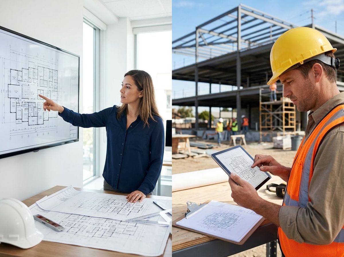 Office based engineer and job site supervisor reviewing matching drawings on separate devices