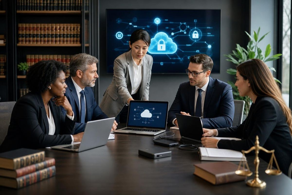 A group of lawyers and IT professionals working together in a modern office with computers and data backup visuals on screens.