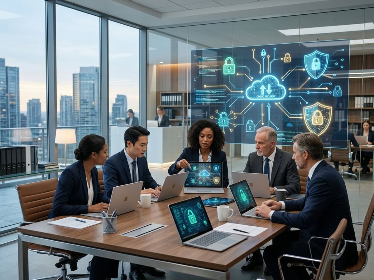 Attorneys working at laptops with encryption symbols overlaid representing data protection in transit