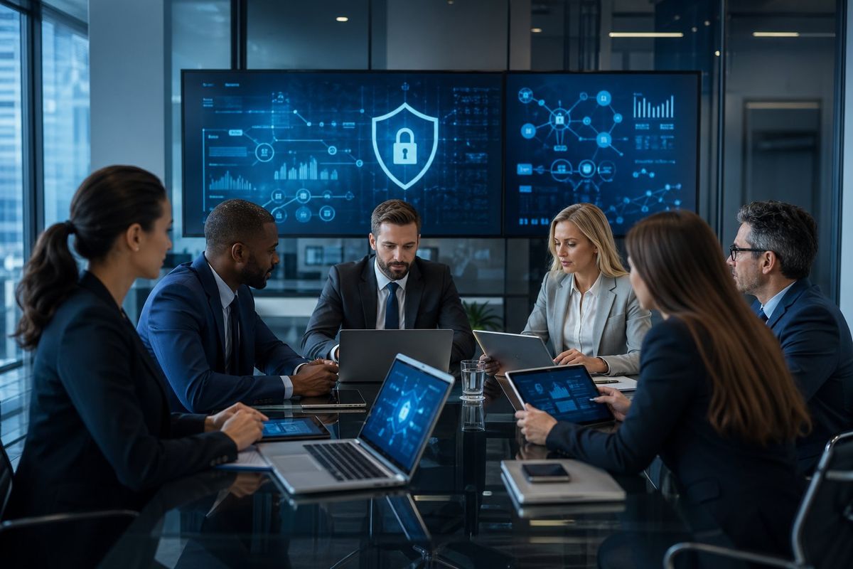 A group of legal professionals working together in a modern office with laptops and digital screens showing cybersecurity-related graphics.