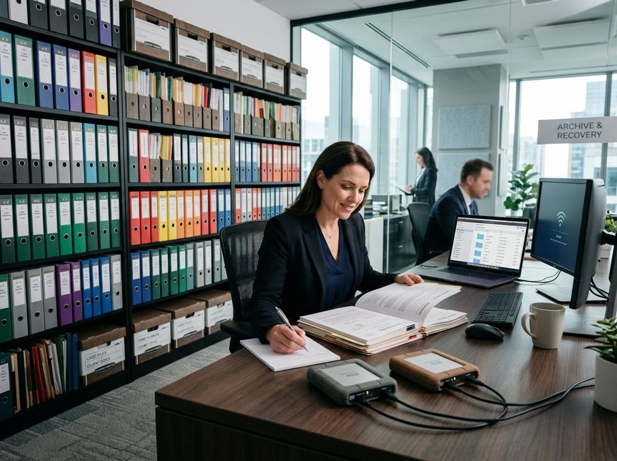 A legal professional reviewing documents at a desk with a laptop and external hard drives in a law office with shelves of legal binders in the background.