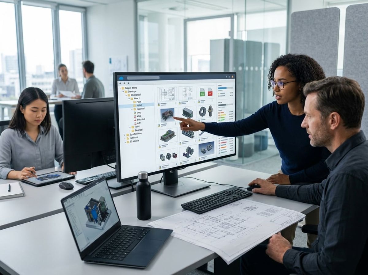 Monitors displaying nested project folders and drawing sets organized by phase and discipline