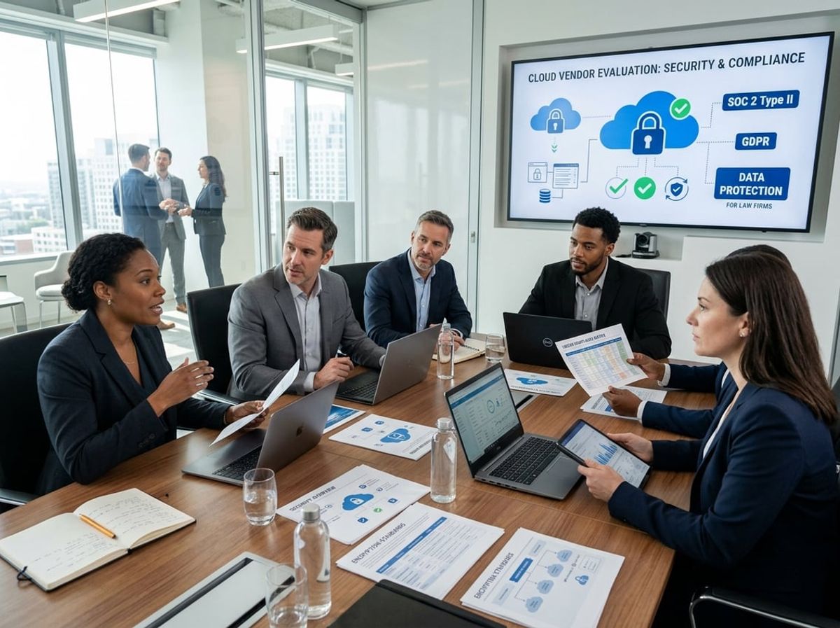 Firm administrator comparing vendor security certificates during a due diligence meeting