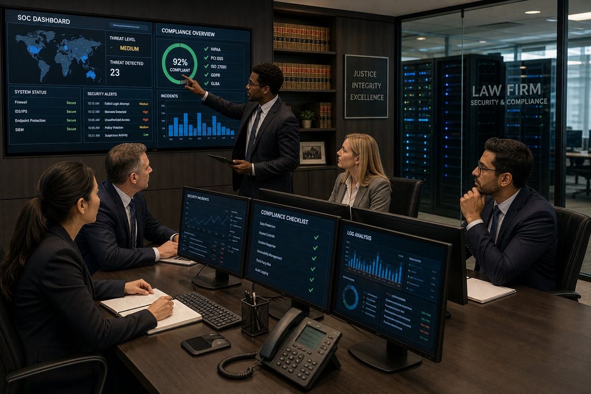 A group of legal and IT professionals working together in a law firm office with computer monitors showing security data and compliance information.