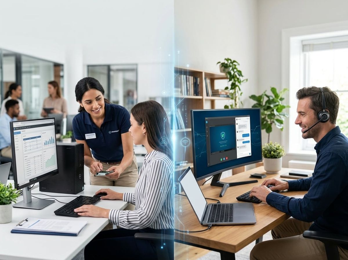 Split scene of an onsite technician helping staff and a remote specialist working from home