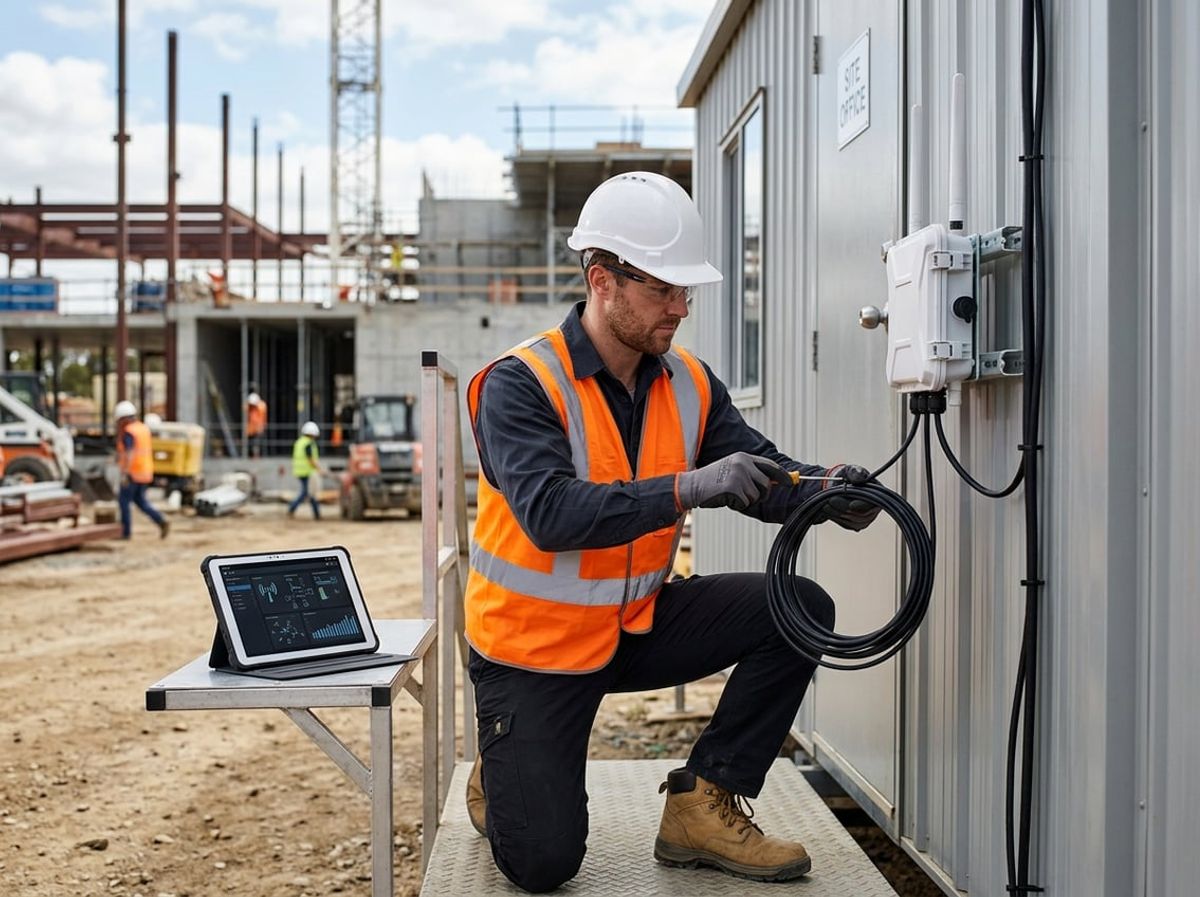 Technician in a hard hat inspects a wireless access point mounted near a site office