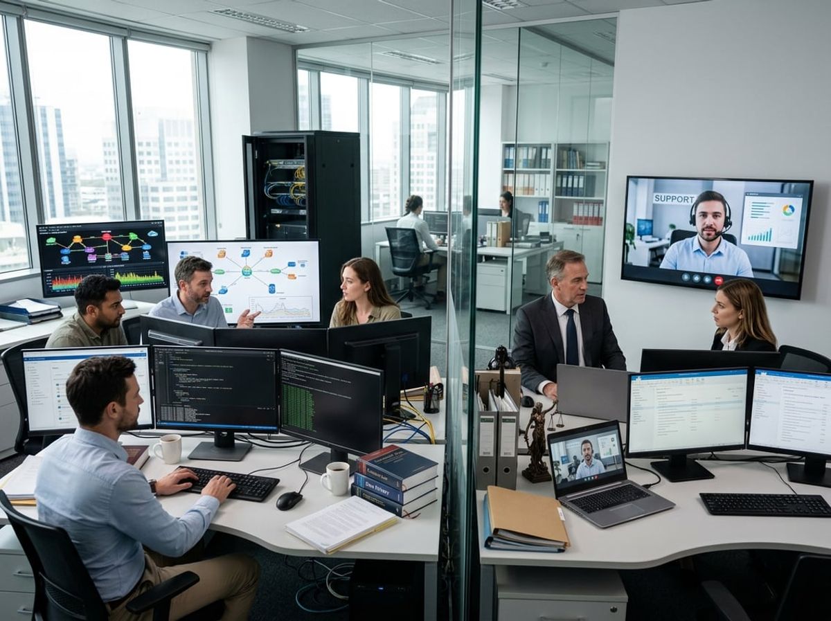 Two contrasting law firm office workspaces showing in-house IT staff working at computers and a remote IT support professional assisting via video call.