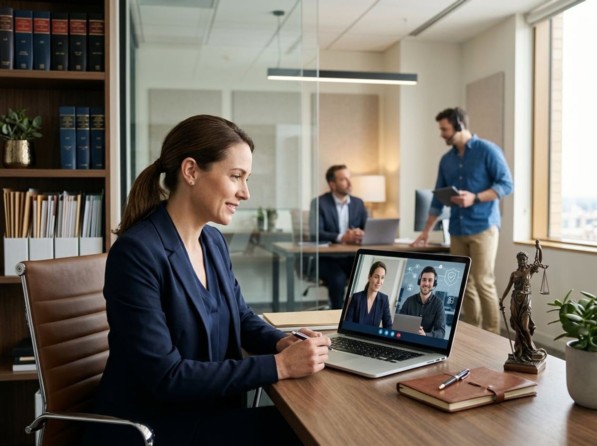 Attorney on a video call with a remote IT specialist troubleshooting a laptop issue