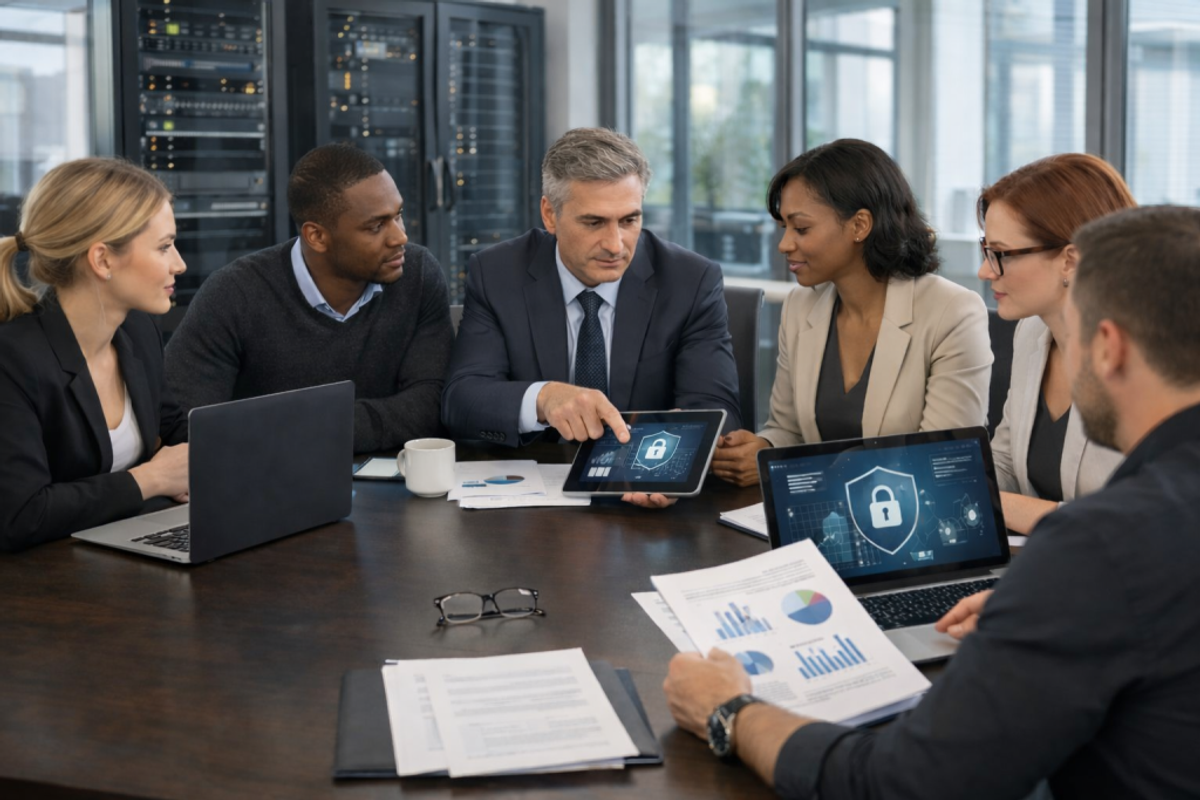 A group of professionals collaborating around a table with laptops and digital devices in a modern office focused on data security and IT support.