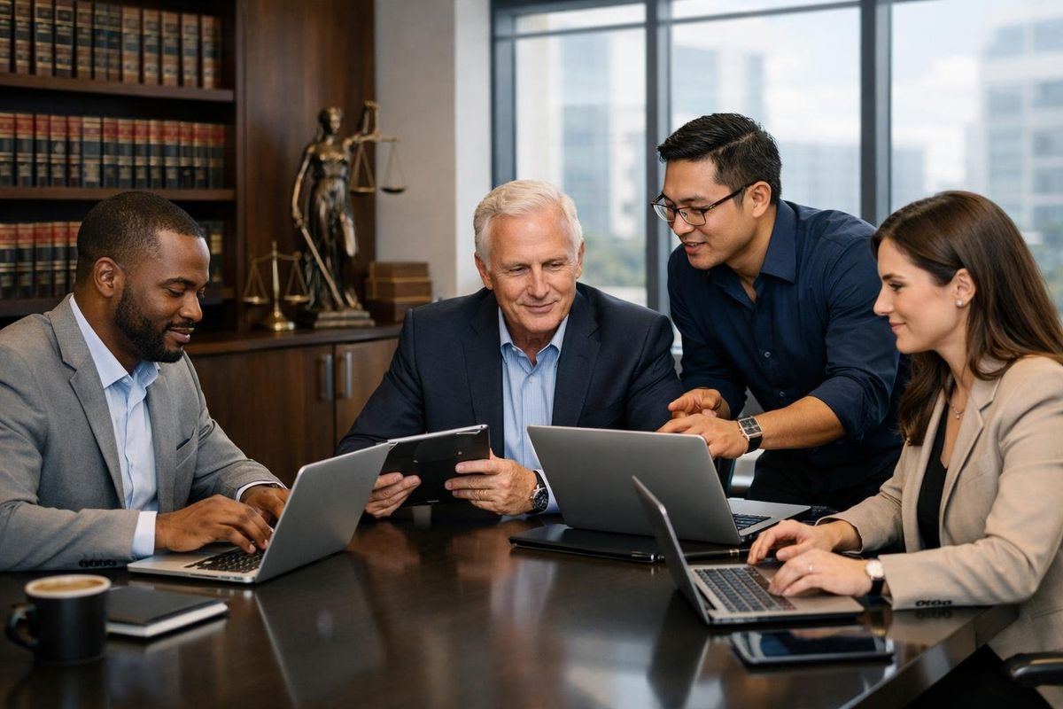A group of IT professionals working together in a modern office with legal books and scales of justice in the background.