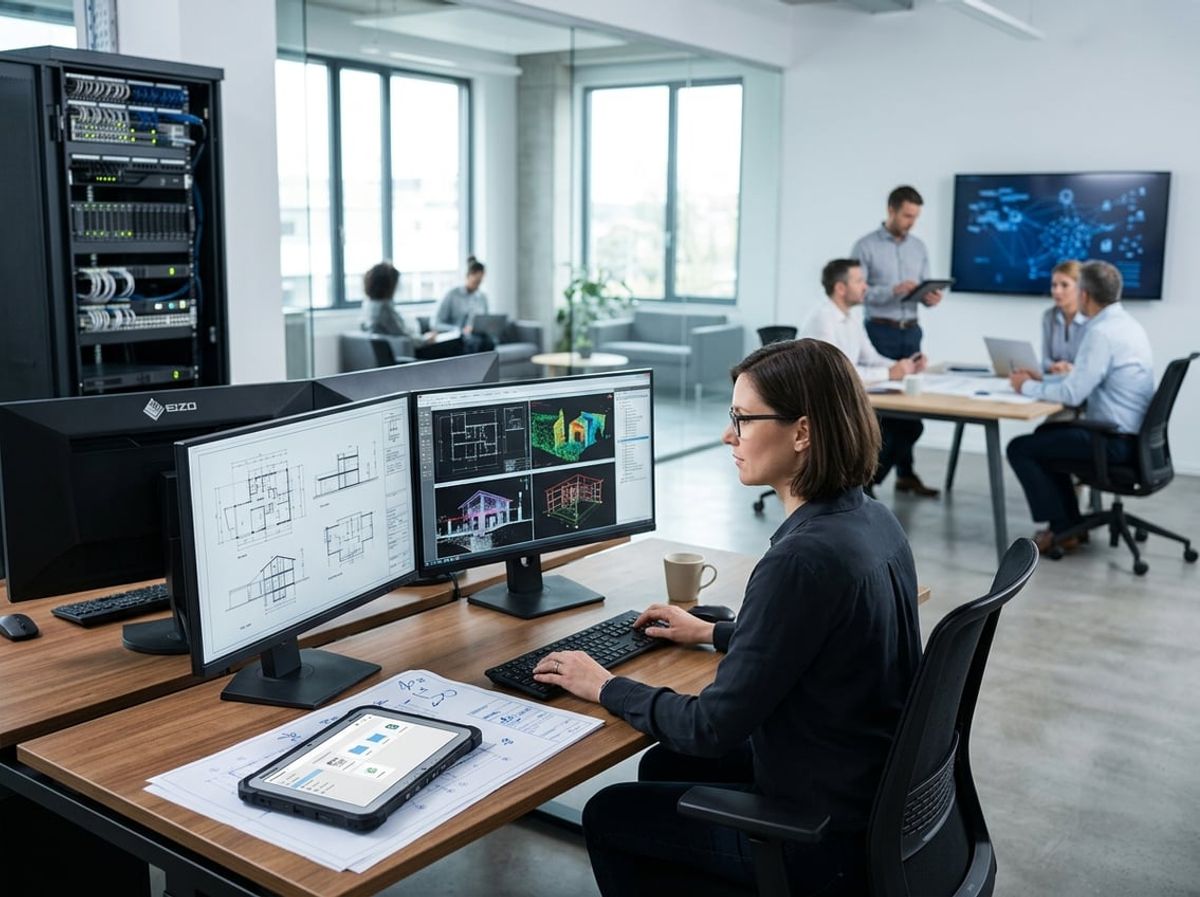Drafter marks up a CAD drawing onscreen beside stacked point cloud scan data files