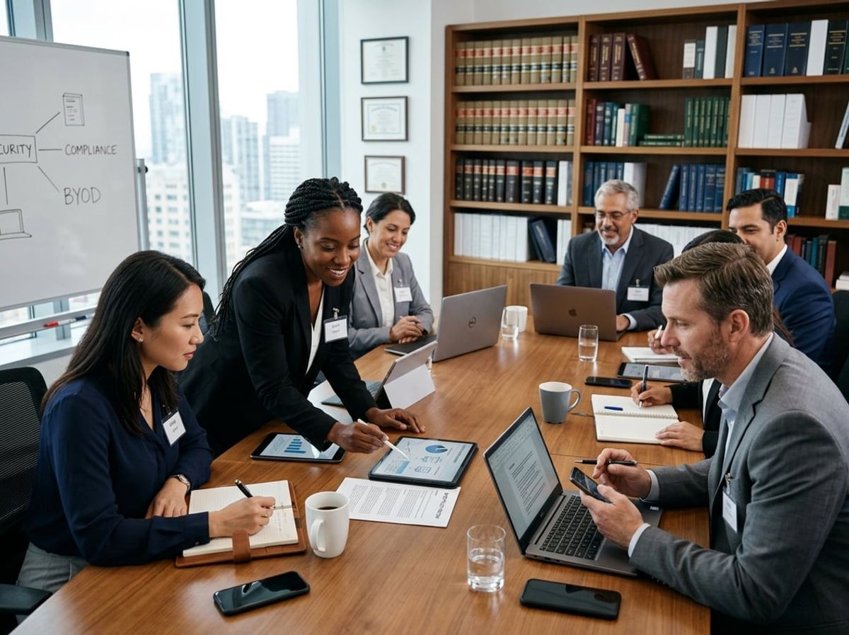 IT consultant and law firm partners mapping out a phased policy rollout on paper