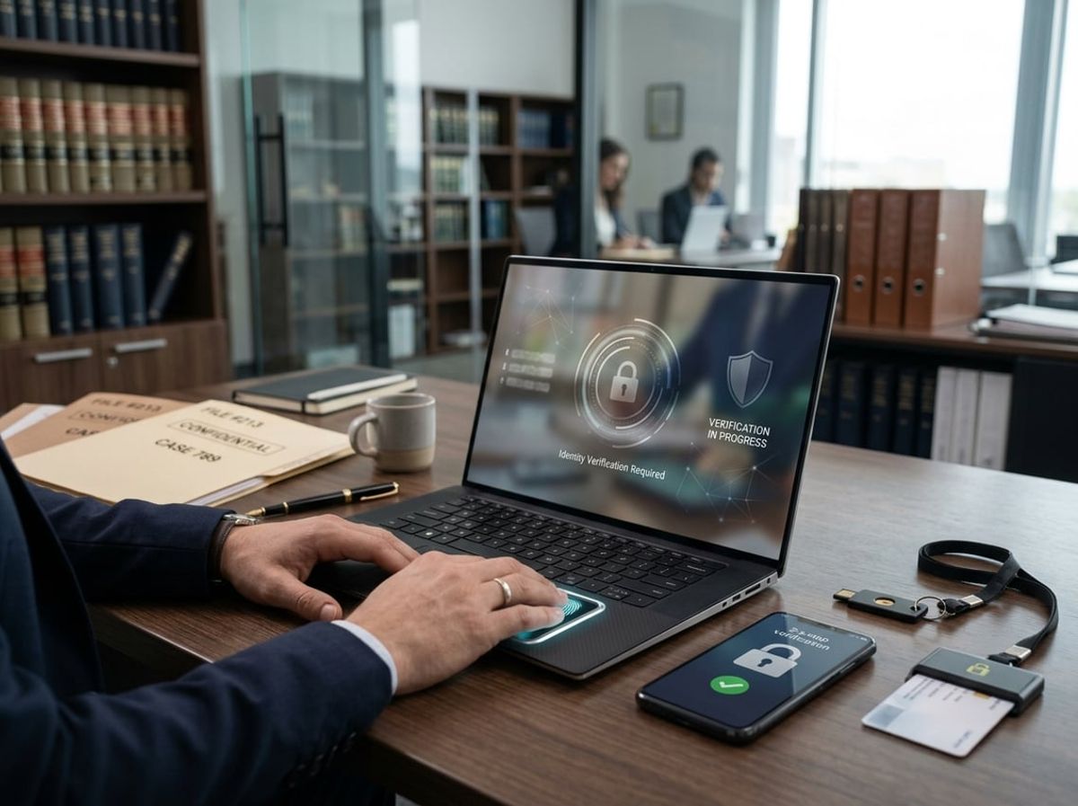 Fingerprint scan verifying identity before opening a confidential legal file on a laptop