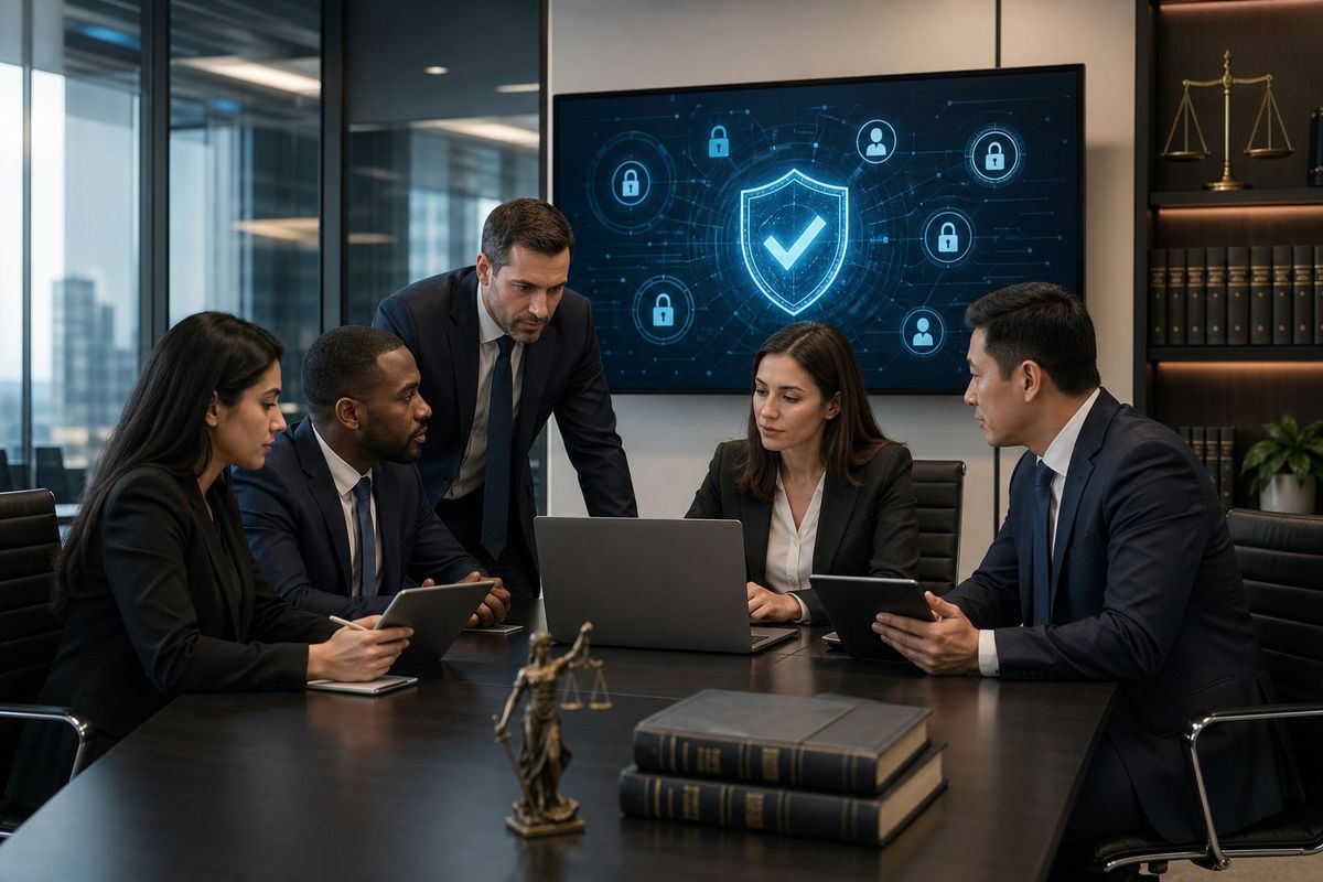 A group of professionals in a law firm office collaborating around a table with laptops and digital security icons displayed on a screen in the background.