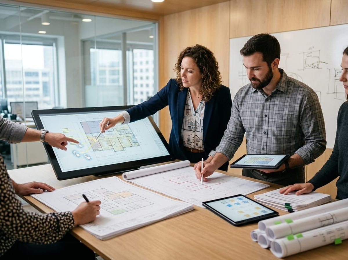 Design and construction team gathered around a monitor discussing markup collaboration options
