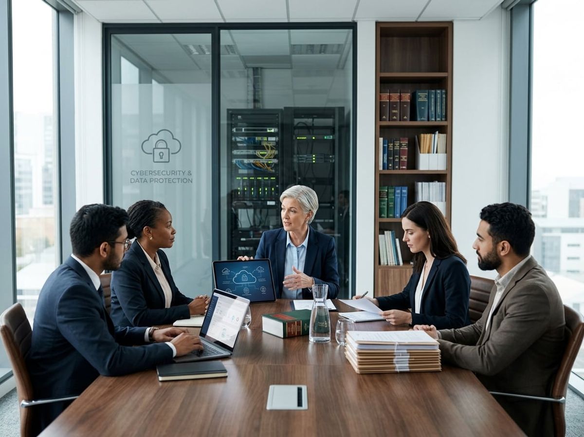 Consultant explains secure data systems to attorneys gathered near an office desk