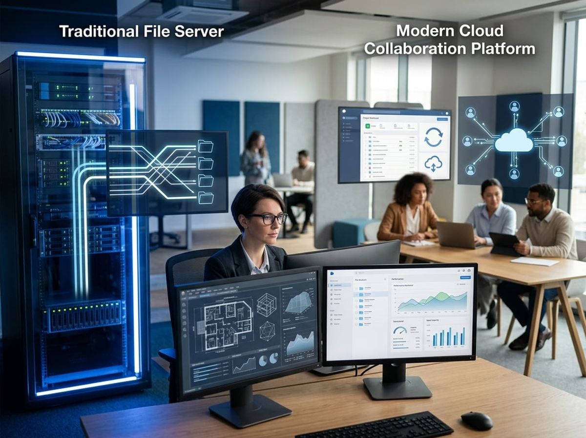 Technician monitors network transfer speeds as a large project file loads from local storage