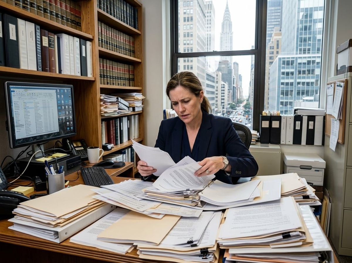 A lawyer in a small office surrounded by stacks of legal documents and folders, looking overwhelmed while working at a cluttered desk with a computer and bookshelves in the background.