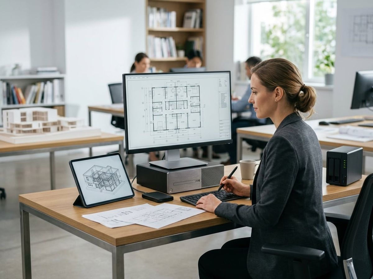 Design professional working on a laptop with several backup drives nearby during an active project