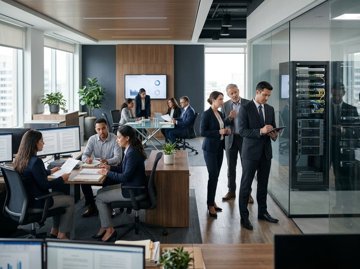 Two attorneys and a consultant point at a laptop discussing outdated office technology