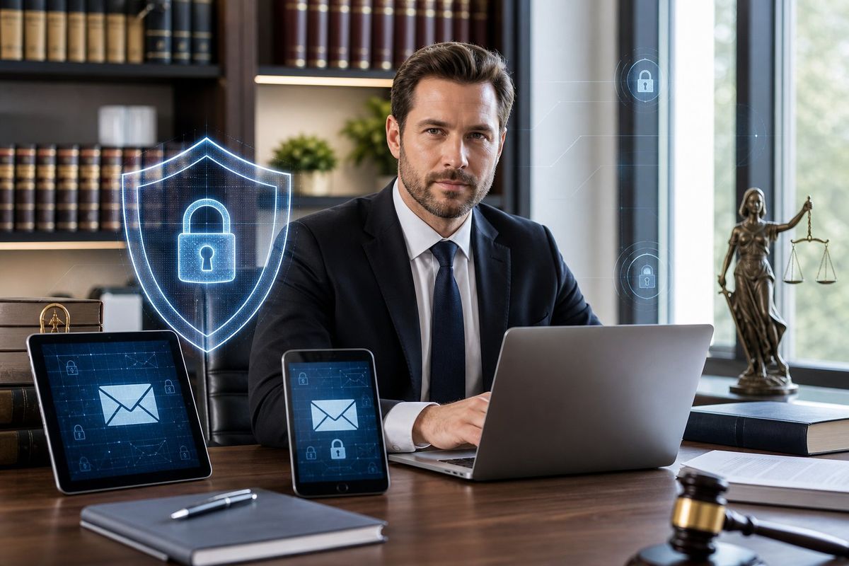 A lawyer working at a desk with digital devices showing secure email icons in a law office.