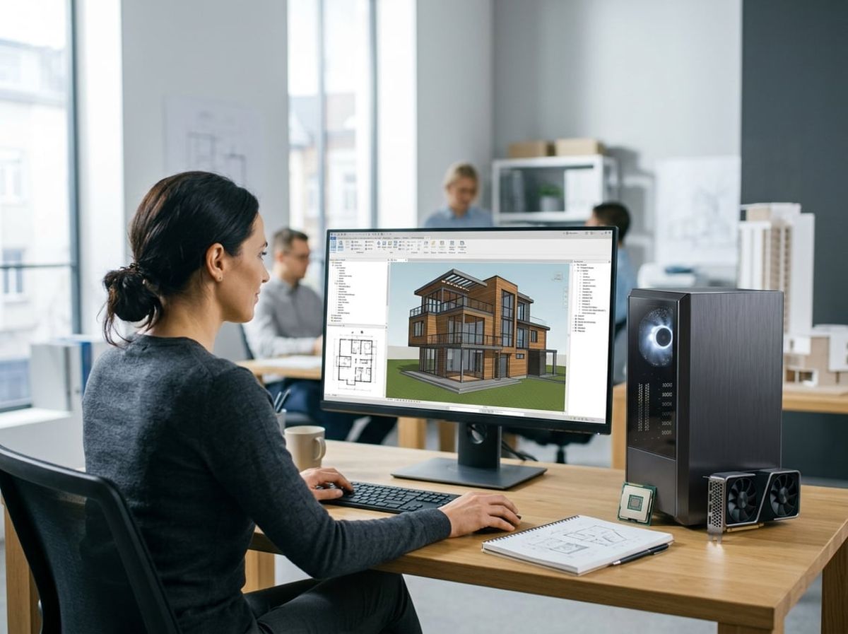 Designer at a workstation with a building model on screen, representing common Revit hardware questions