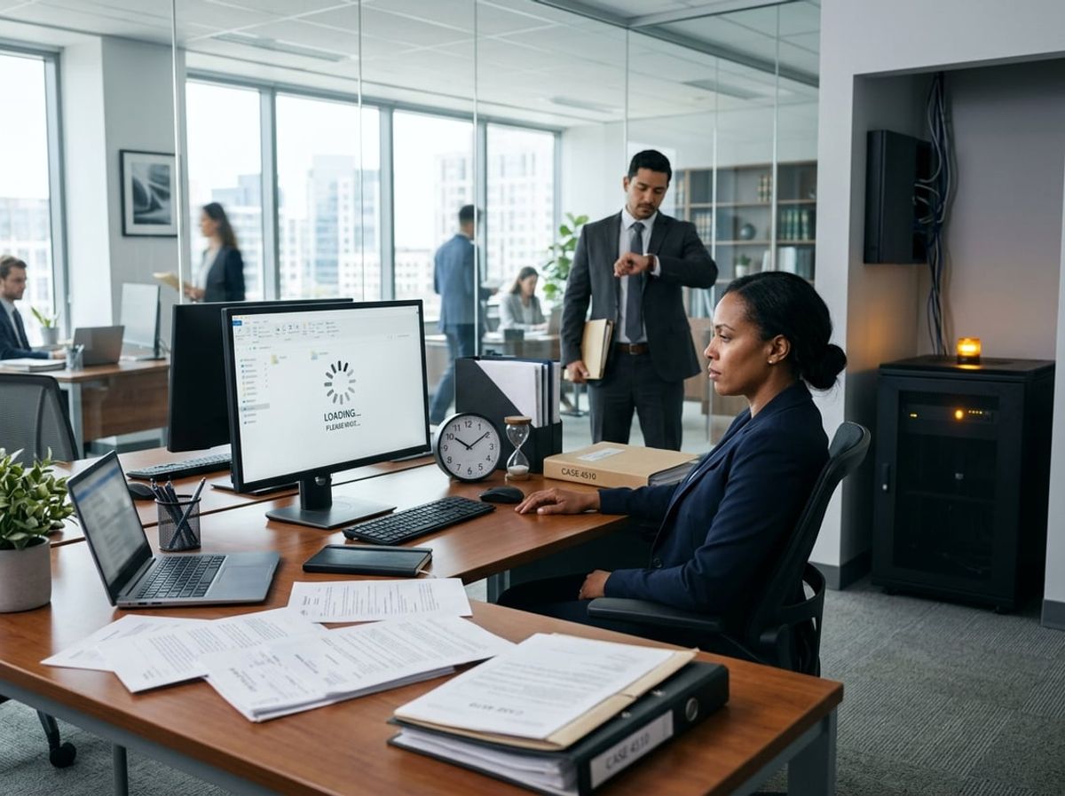 Attorney tapping desk in frustration while unfinished documents linger on a stalled screen