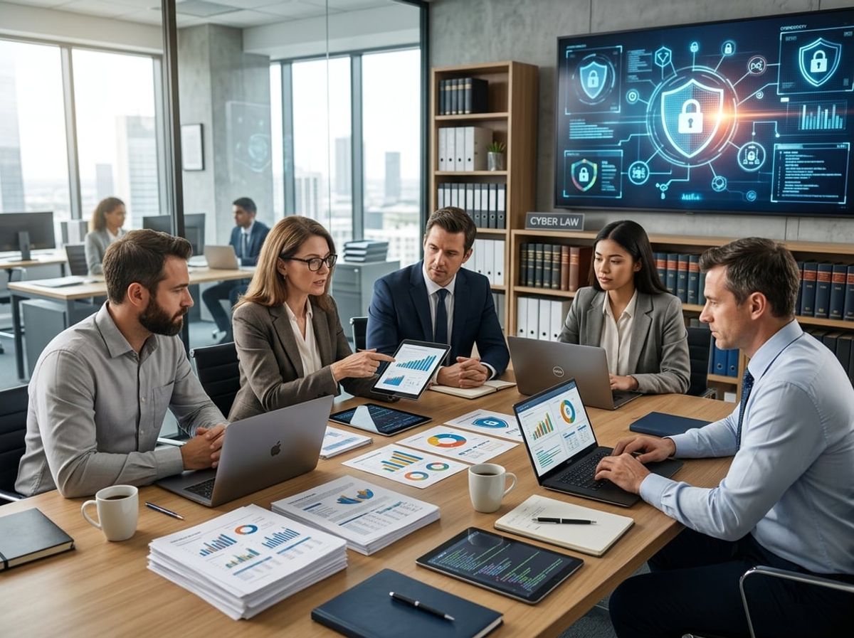 Law firm associates examining underwriting requirements and technical safeguards during a strategy meeting