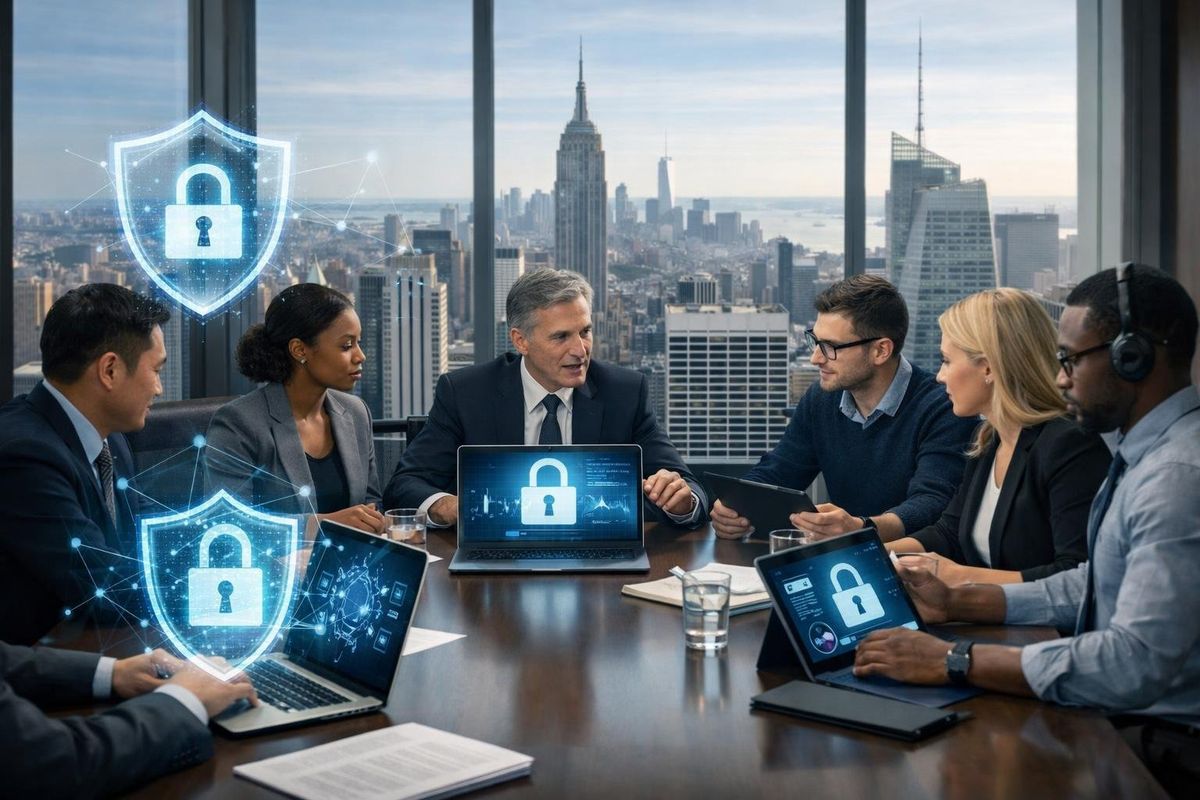 A group of professionals in a law firm office working together with laptops and digital devices, with a view of the New York City skyline in the background.