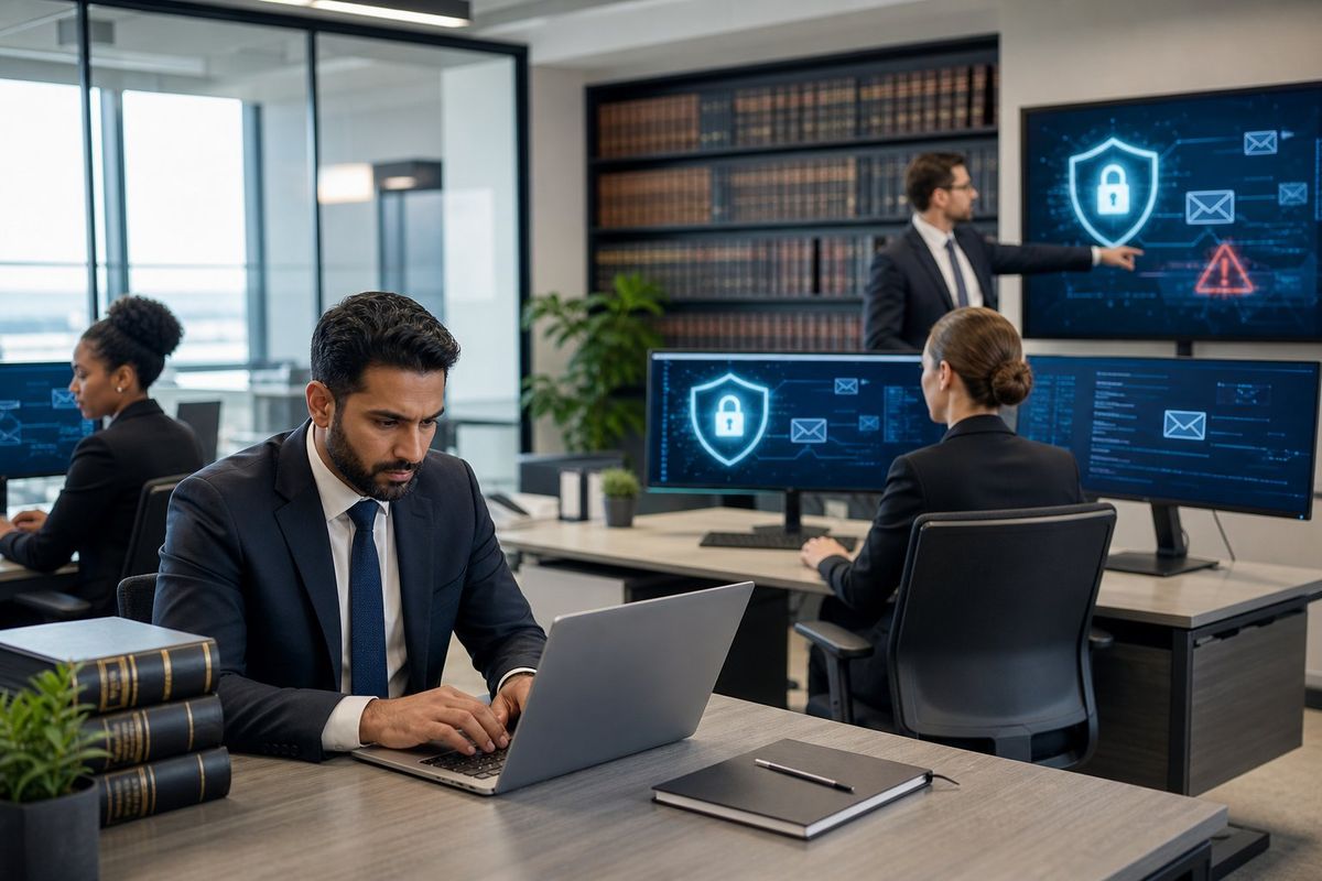 Lawyers working in a modern office with computer screens showing digital security graphics related to email protection.