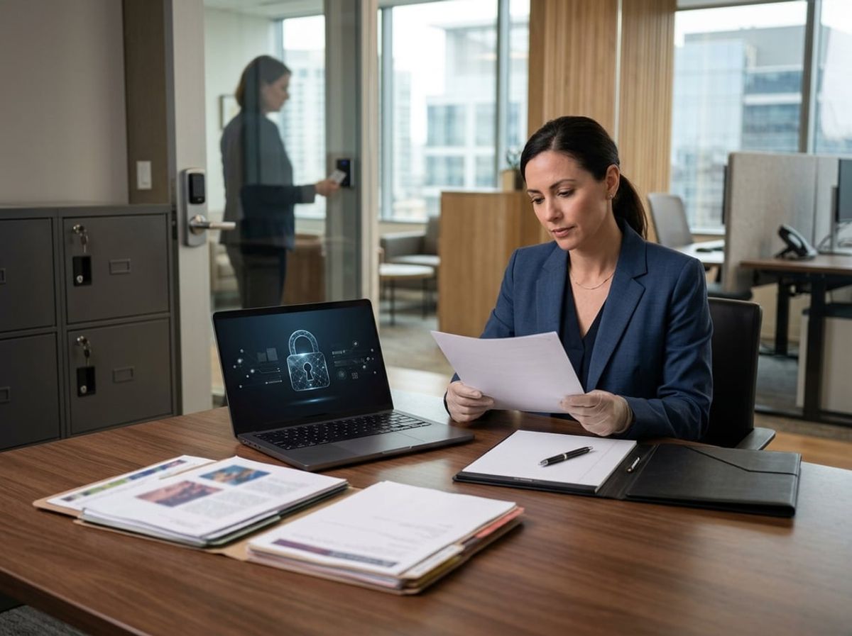Attorney drafting a written document security policy at a desk with case files nearby